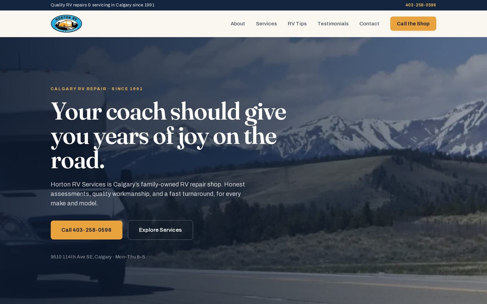 Horton RV Services website homepage built by InboundControl