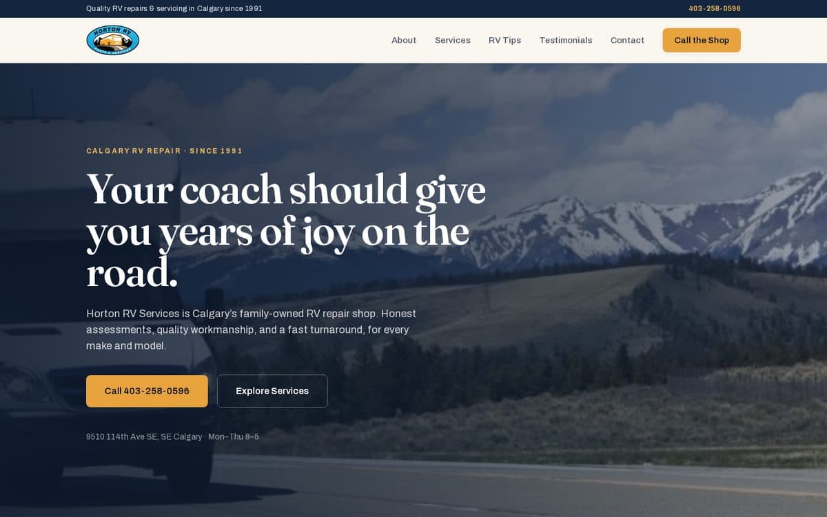 Horton RV Services homepage, built by InboundControl